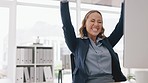 Success, celebration and happy business woman in office with good news, victory and online achievement. Corporate, winner and excited female worker smile for finance deal, wow and winning on computer