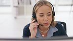 Help, advice and woman in a call center for service, consulting and telemarketing. Sales, contact us and customer support employee talking for online assistance, business and a sale on a computer