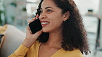 Phone call, smile and woman talking in city, chatting or speaking to contact in urban town outdoors. 5g technology, cellphone or happy mixed race female with smartphone for conversation or discussion