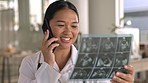 Ultrasound, woman and happy gynecologist for phone call, pregnancy charts and radiology results in clinic. Medical gynecology doctor talking on smartphone, laughing and xray feedback test in hospital