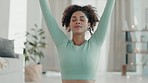 Yoga stretching, woman breathe and home fitness of a young mixed race female doing meditation. Mindfulness, zen and peace workout with pilates in a house with a person doing a spiritual sport to relax