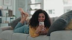 Smile, sofa and woman typing on a phone for text message, chatting and online conversation at home. Network, communication and girl relax on couch on smartphone for social media, internet and website