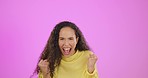 Yes, excited winner and woman face in studio for celebration, achievement deal and success on pink background. Portrait of happy female model, fist and celebrate lottery, winning bonus and happiness