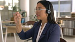 Video call, computer and happy woman in virtual communication, discussion or online meeting in office. Call center person or manager on desktop for international support, update or job presentation