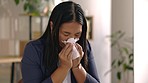 Sick business woman, sneeze and nose of flu in office for allergies, cold virus and hayfever disease. Tissue, female and allergy of worker with health problem, medical risk and sinusitis in workplace