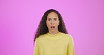 Wow, frown and disappointed face of woman in studio, shocked and surprised by unexpected news on pink background. Omg, wtf and why with portrait of girl with different emotion, expression and emoji