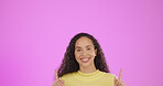 Happy woman, face and pointing up to mockup, studio space and advertising pink background. Portrait of female model, information and mock up for marketing, promotion or news deal of offer coming soon