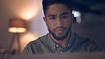 Thinking, concentration and overtime, Indian man at computer in office, idea or solution at tech startup. Focus, internet and businessman typing email, late at night work on future ideas for agency.