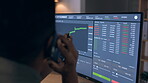 Computer, cryptocurrency and stock market with man and phone call on stats, forex growth and graph. Communication, trader on investment stocks dashboard and finance, charts on screen and work night