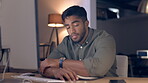 Tired, burnout and a business man sleeping at his desk while working late at night in his office at work. Exhausted, overtime and overworked with a male employee taking a break or nap while working