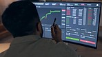 Computer, stock market stats and man trading with data analysis, graph and fintech, forex growth and crypto. Businessman, trader check investment stocks and finance, charts and statistics on screen