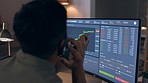 Computer screen, cryptocurrency and stock market with man and phone call about stats, forex growth and graph. Communication, trader check investment stocks and finance, charts and working night