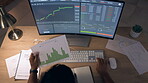 Night, computer screen and man for data analytics, stock market research or digital graphs, charts and statistics. Desktop pc, analysis or algorithm monitor of analyst professional or person above