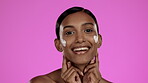 Beauty, portrait and woman with lotion on her face doing a self care, skincare and cosmetic facial with creme. Model, happy and excited female with moisture cream isolated in a studio pink background