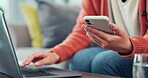 Woman, hands and typing on laptop, phone and online social networking connection at home. Closeup female, computer and mobile technology of digital download, web search or multitask on internet media