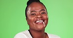 Green screen, laughing and face of a black woman with a smile isolated on a studio background. Laugh, smiling and portrait of a mature african lady with happiness, confidence and beautiful with space