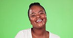 Green screen, happy and face of a black woman with a smile isolated on a studio background. Laugh, smiling and portrait of a mature african lady with happiness, confidence and beautiful with space