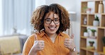 Face, woman and thumbs up for success, agreement and winning with girl in living room, smile and victory. Portrait, female and lady with happiness, emoji for like and victory in lounge and relax   