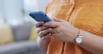 Woman, hands and typing on cellphone, communication with technology, chat on social media app and texting. Email, notification and message, female using phone with online conversation and contact