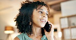 Phone call, answer and woman in office for night communication, business client feedback and employee job update. Professional biracial person or worker talking on cellphone or smartphone at her desk