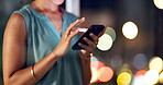 Night, phone and woman hands typing message, chat or online networking on mobile app connection and bokeh. Thinking, ideas and person on social media for international communication or internet post