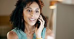 Phone call, computer and woman in night office for business communication, technical support or online update. Professional biracial person or worker talking on cellphone or smartphone and desktop pc