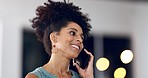 Phone, hello and black woman in office at night, happy and relaxed against blurred background. Answer, startup and corporate lady on smartphone for networking, discussion or conversation at night