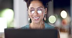 Laptop, face and black woman in office at night, smile and happy at startup company on bokeh background. Online, reading and female entrepreneur excited while checking email, project or proposal 