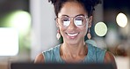 Face, laptop and black woman in office at night, smile and happy at startup company on bokeh background. Online, reading and female entrepreneur excited while checking email, project or proposal 