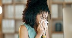 Business woman, tissue and nose at night for allergies, problems and cold virus at office computer. Sick female employee, flu and sneeze from allergy risk, health crisis and medical sinusitis illness