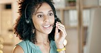 Face, crm or black woman in call center for a telecom communications company in help desk. Friendly African sales agent talking, speaking or working online in technical or customer support in office