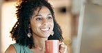 Night business, drinking coffee and happy woman on computer, reading online report and planning project. Female employee smile with cup of tea, overtime and desktop technology to review research data