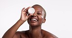 Skincare, face cream and happy black woman in studio, cosmetics or treatment on white background. Hands, portrait and sunscreen or moisturizer for girl model with collagen, lotion or facial product