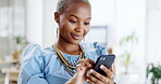 Phone, typing and smile of black woman in office, texting or 
social media in workplace. Cellphone, tech and happy African female with smartphone for business networking, internet or web browsing.
