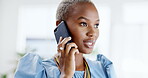 Phone call, time and black woman talking in office, chatting or speaking to contact on schedule. Cellphone, watch and happy African female with smartphone for business communication or discussion.