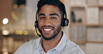 Call center, man and face of customer service, smile and sales consultant in India at night. Portrait of happy male telemarketing agent with microphone, crm company and consulting telecom questions 