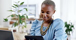 Search, tablet and business with black woman in office for networking, connection and social media. Report, planning and browsing with employee scrolling online for website expert and technology 