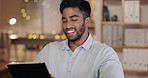 Business, man and laughing on tablet in dark office for productivity, planning or research. Happy male employee working overtime on digital technology, website strategy or scroll internet app at desk