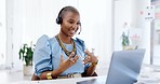 Telemarketing, black woman and computer video call in a office on a business laptop. Customer support, consultation and crm conversation of a African phone consultant worker with productivity