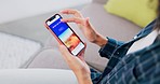 Hands, holiday and phone screen of a woman on a website for vacation, trip and bucket list. Search, online and a girl on a mobile app to book a flight, travel experience or browsing a package