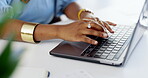 Laptop, business and hands typing in office, working on email or online project in company workplace. Technology, computer keyboard or black woman or professional writing report, planning or research