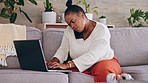 Phone call, black woman or entrepreneur on couch, laptop or planning in lounge, communication or remote work from home. African American female, lady or freelancer with smartphone, sofa or connection