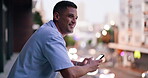 Phone, city balcony and relax happy man typing, check email or surfing internet, web or online search for social media. Digital news, 5g mobile smartphone and person texting, message or contact user