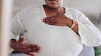 Breast cancer, self exam and black woman with hands on chest for testing, health check and detection. Healthcare, medical care and girl feel, touch and press breasts for awareness, symptoms or signs