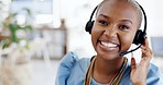 Crm, face and happy black woman with a smile from customer support work. Call centre, phone telemarketing and web help consultant with happiness from professional consulting with blurred background