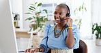 Telemarketing, communication and happy black woman with a smile from customer support work. Call centre, crm and web consultant with happiness from professional consulting with blurred background