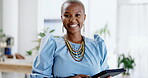Search, tablet and smile with black woman in office for networking, connection and social media. Report, happy and browsing with portrait of employee and online for website, expert and technology 