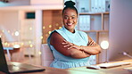 Portrait, happy and arms crossed with a business black woman in her office, sitting at a desk with future vision. Face, smile and mindset with a female employee at work for the company mission