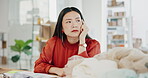 Woman or fashion designer thinking of ideas in manufacturing studio, inspiration or planning clothes production. Asian person contemplating creative or thoughtful strategy in textile, tailor business