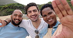 Selfie, peace and friends on the beach together posing for a picture while on summer vacation. Portrait, smile and happy with a friend group taking a photograph while bonding outdoor on the coast